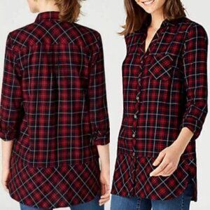 J. JILL Mixed Plaid Curved Hem Flannel Tunic Red Black White Button Down Shirt L